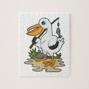 Pelican as Fisher with Fishing rod & Fish Jigsaw Puzzle