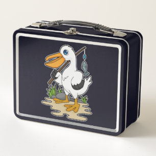 Pelican as Fisher with Fishing rod & Fish Metal Lunch Box
