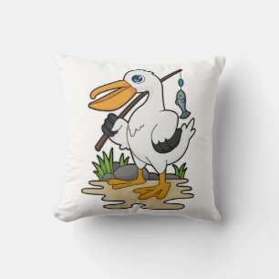 Pelican as Fisher with Fishing rod & Fish Throw Pillow