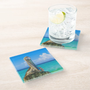 Pelican Beach Tropical Coastal Colourful Glass Coaster