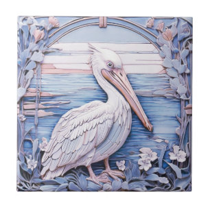 Pelican Bird Art Nouveau Faux Relief R Ocean Blue Tile