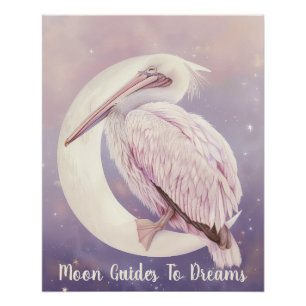 Pelican bird baby sleeping on Moon Poster