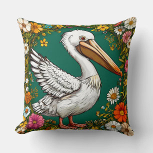 Pelican Bird Floral Coastal Blooming Nature Decor Throw Pillow