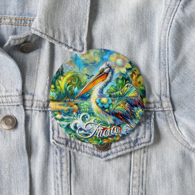 Pelican Bird in Wonderland Floral Personalized 4 Inch Round Button (In Situ)