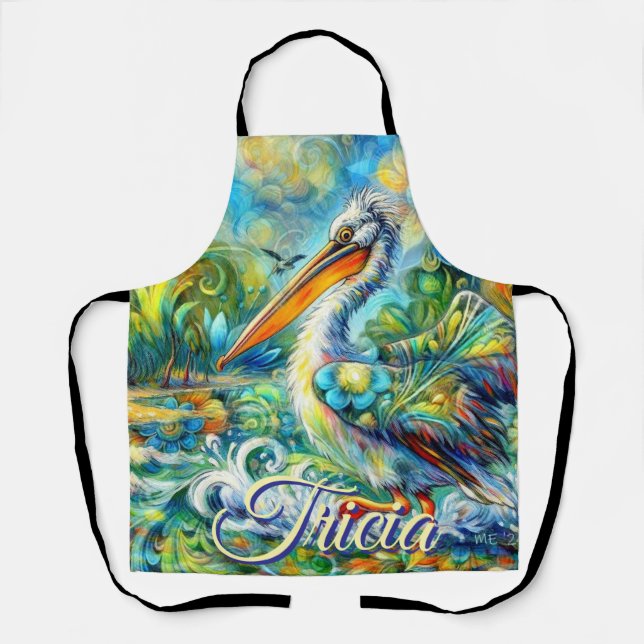 Pelican Bird in Wonderland Floral Personalized Apron (Front)