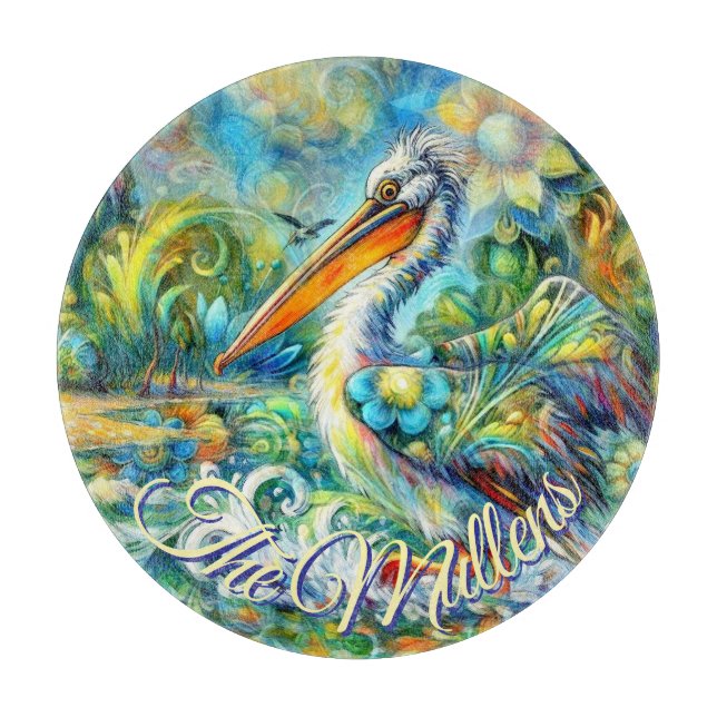 Pelican Bird in Wonderland Floral Personalized Cutting Board (Front)
