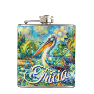 Pelican Bird in Wonderland Floral Personalized Hip Flask