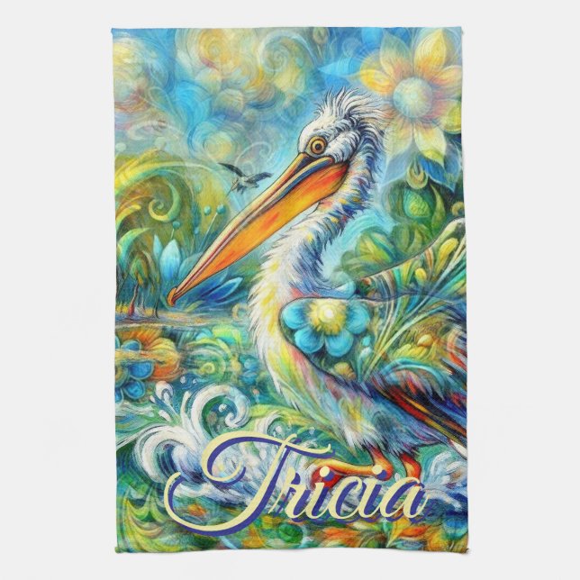 Pelican Bird in Wonderland Floral Personalized Kitchen Towel (Vertical)