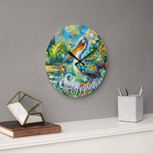 Pelican Bird in Wonderland Floral Personalized Large Clock