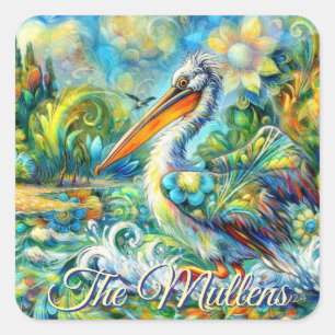 Pelican Bird in Wonderland Floral Personalized Square Sticker