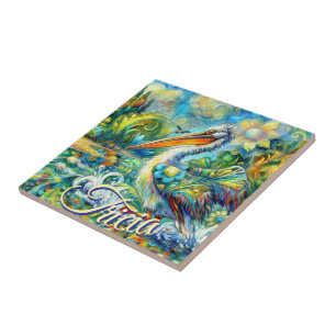 Pelican Bird in Wonderland Floral Personalized Tile