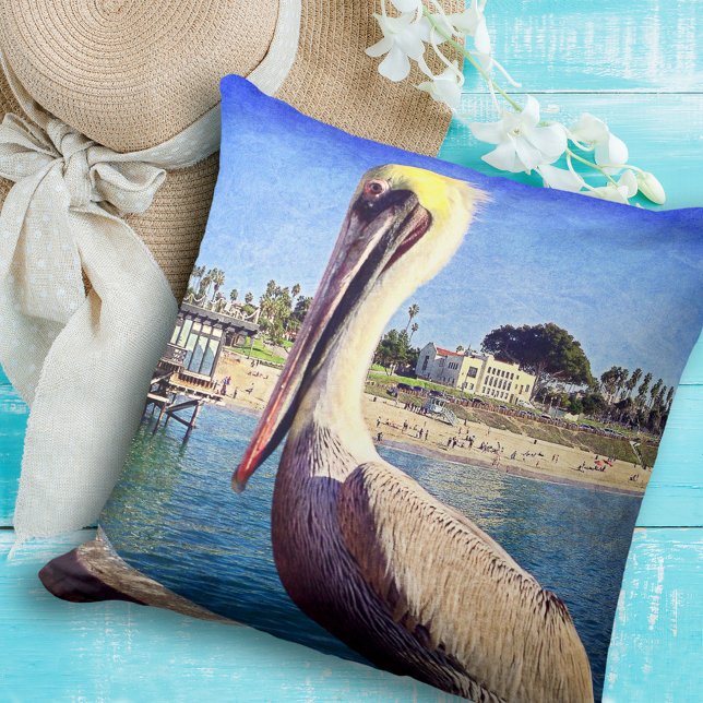Pelican Bird Ocean Beach Pier Photo Modern Bold Throw Pillow (Creator Uploaded)