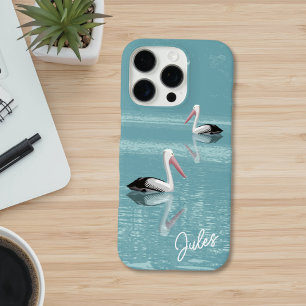 Pelican Couple Paddling on Calm Aqua Water Name iPhone 16 Pro Case