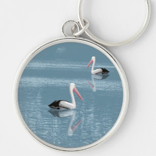Pelican Couple Paddling on Calm Blue Water Keychain