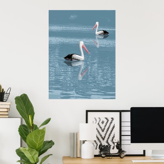 Pelican Couple Paddling on Calm Blue Water Poster (Home Office)