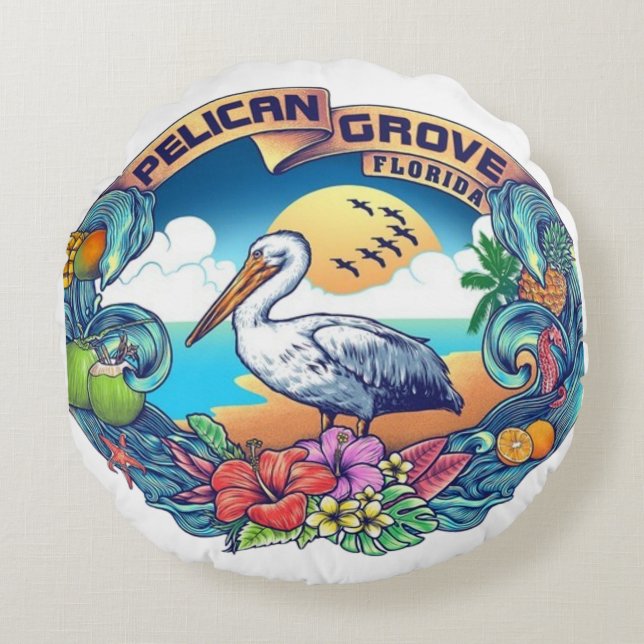  "Pelican Grove, Florida: Where Tranquillity Meets Round Pillow (Front)