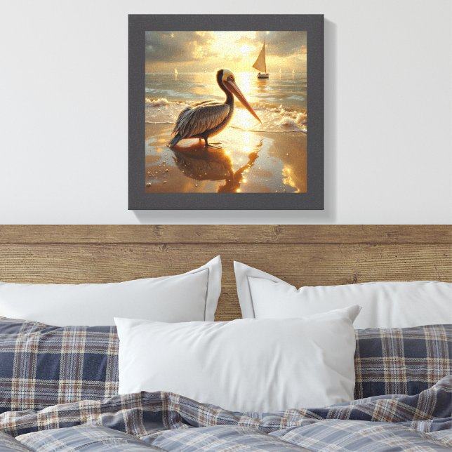 Pelican in the morning glow of sunrise canvas print (Insitu(Bedroom))