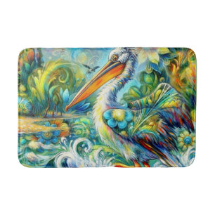 Pelican in Wonderland Floral Green Blue Yellow Bath Mat