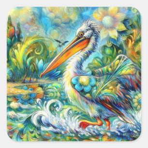 Pelican in Wonderland Floral Green Blue Yellow Square Sticker