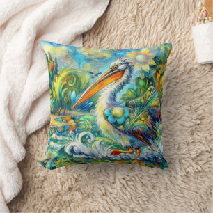 Pelican in Wonderland Floral Green Blue Yellow Throw Pillow