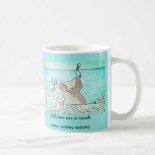 Pelican on a rock near ocean waves coffee mug
