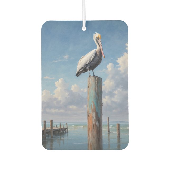 Pelican on a weathered dock pole air freshener (Front)