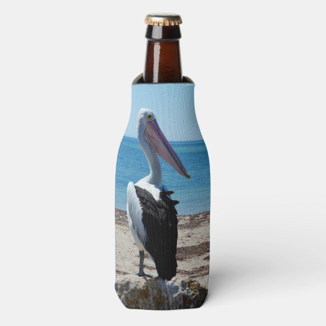 Pelican On Beach Rock, Bottle Cooler (Bottle Front)