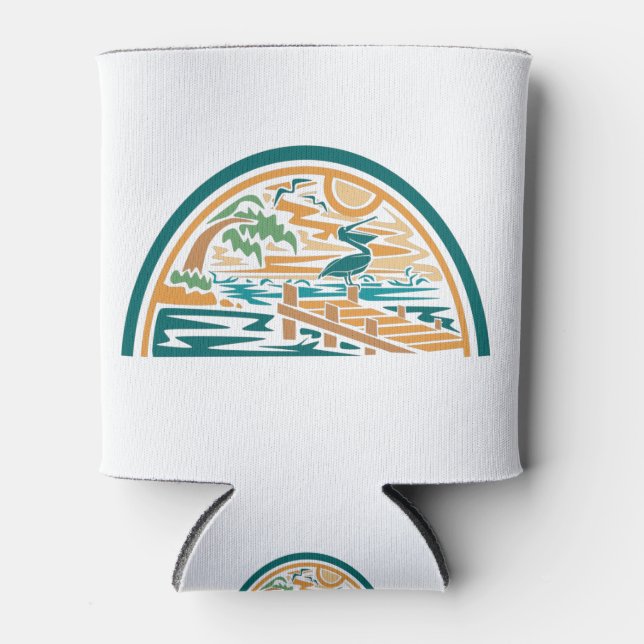 Pelican On Island Ocean Pier Can Cooler (Front)