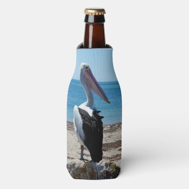 Pelican Perched On A Beach Rock, Bottle Cooler (Bottle Front)