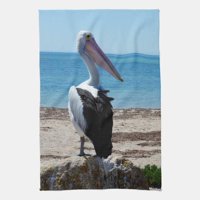 Pelican Perched On A Beach Rock, Kitchen Towel (Vertical)