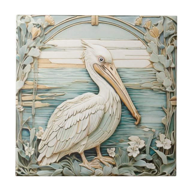 Pelican Sea Bird Art Nouveau Faux R Relief Mint Tile (Front)