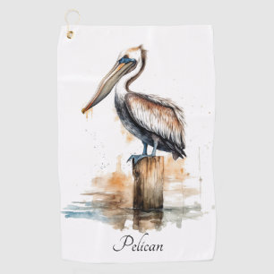 Pelican standing on a pole, customizable  golf towel