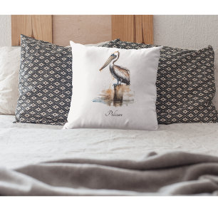 Pelican standing on a pole  throw pillow