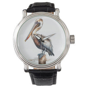 pelican standing on a pole watercolor watch