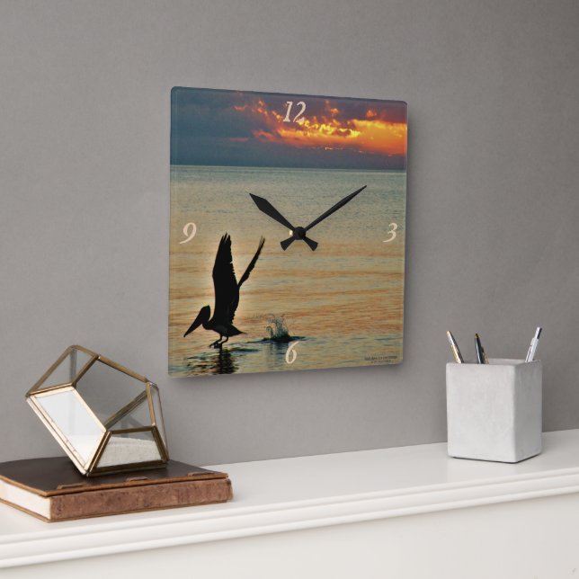 Pelican take off at sunset Gulf Coast Florida Square Wall Clock (Office)