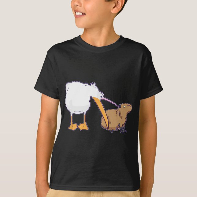 Pelican Tries to Eat Capybara Funny Cute Kawaii Me T-Shirt (Front)