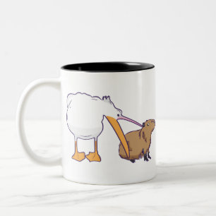 Pelican Tries to Eat Capybara Funny Cute Kawaii Two-Tone Coffee Mug