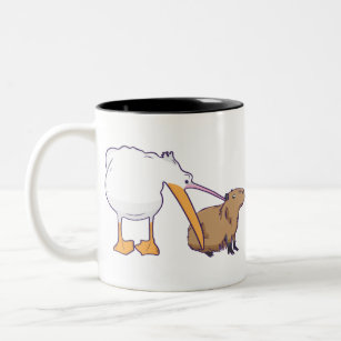 Pelican Tries to Eat Capybara Funny Cute Kawaii Two-Tone Coffee Mug