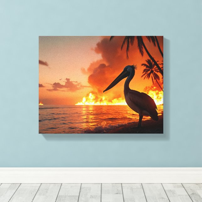 Pelican Watching Coastal Inferno Canvas Print (Insitu(Wood Floor))