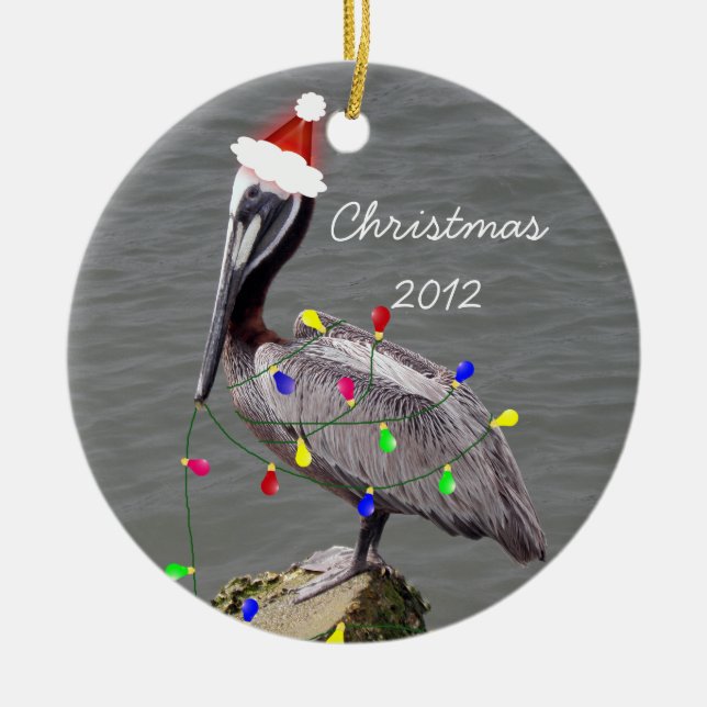Pelican with Christmas Lights Ceramic Ornament (Front)