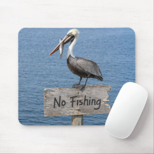 Pelican with Fish on No Fishing Sign Mouse Pad