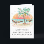 Pelicans and Palm Tree Beach Coastal Christmas  Holiday Card<br><div class="desc">Coastal Christmas card features two pelican sea birds flapping their wings in joy at seeing a palm tree Christmas tree and presents on the beach. Greeting on the front says "Good Tidings For Christmas and a Flappy New Year". The greeting on the inside says "Seas & Greetings". All text can...</div>