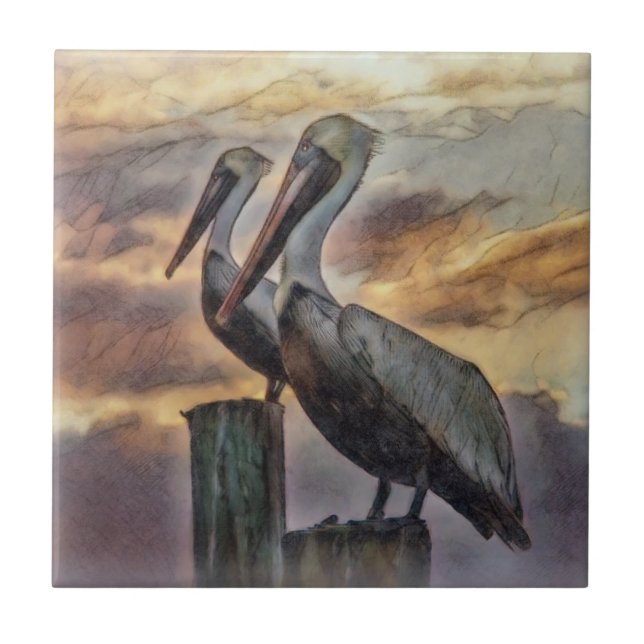 Pelicans At Sunset Tile (Front)