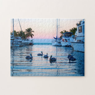 Pelicans, palm trees, boats in Florida Keys Jigsaw Puzzle