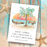 Pelicans & Palm Tropical Beach Coastal Christmas Holiday Card<br><div class="desc">Coastal Christmas card features two pelican sea birds flapping their wings in joy at seeing a palm tree Christmas tree and presents on the beach. Greeting says "Good Tidings For Christmas and a Flappy New Year". The greeting and name can be personalized. Happy Holidays! Art by KL Stock.</div>