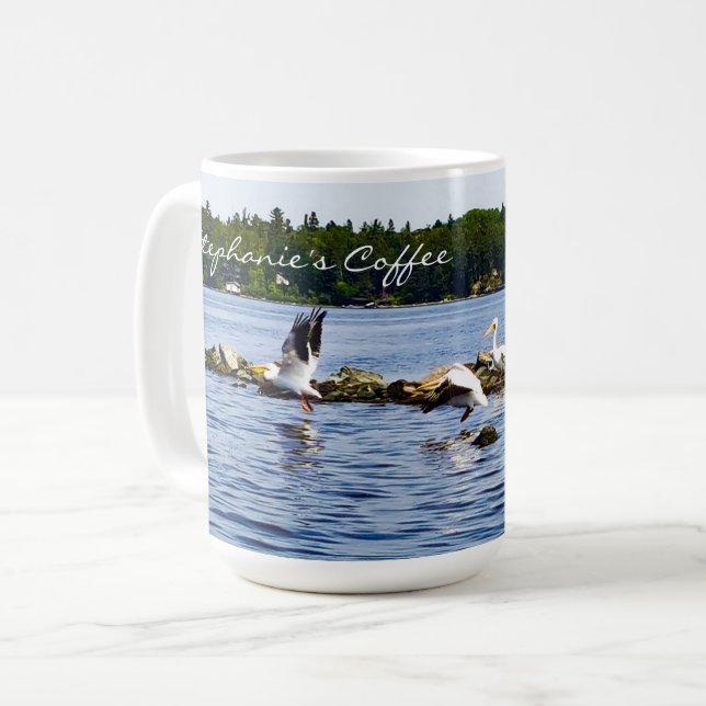 Pelicans Taking Flight from the Lake Personalized Coffee Mug (Front Left)