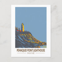 Pemaquid Point Lighthouse Maine Travel Art Vintage