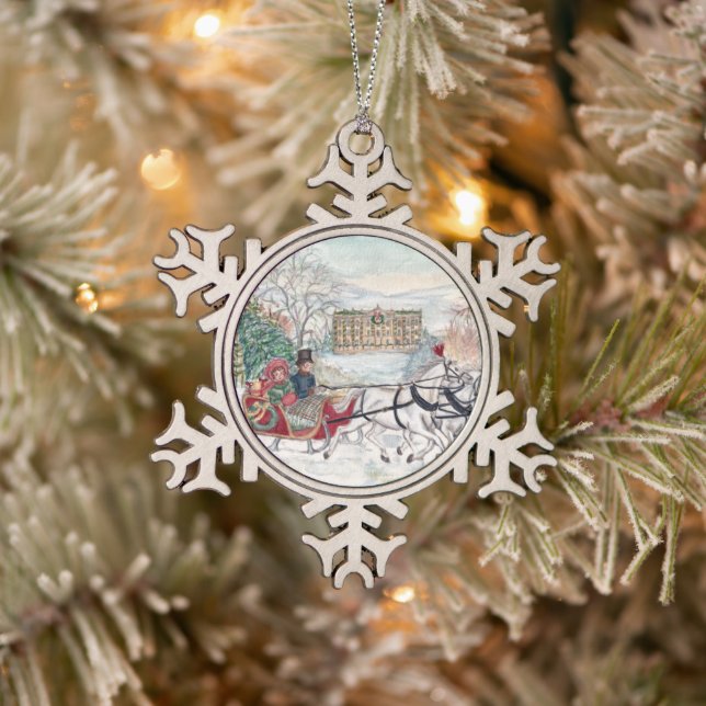 Pemberley Sleigh Ride - Jane Austen Snowflake Pewter Christmas Ornament (Tree)