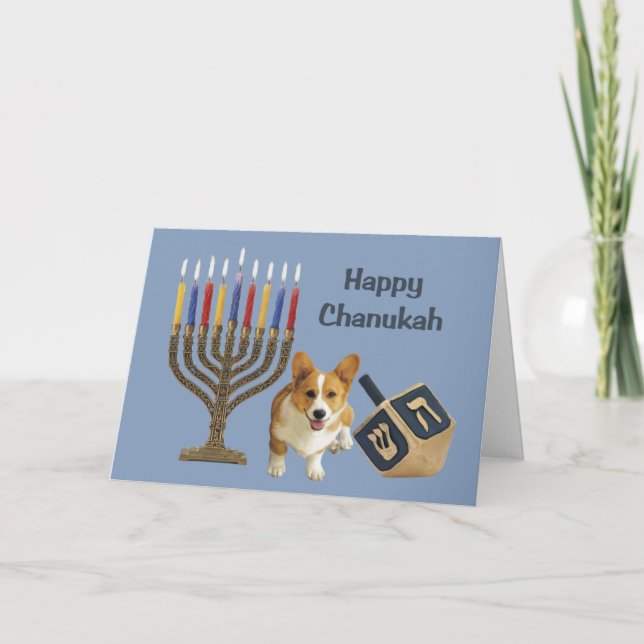 Pembroke Welsh Corgi Chanukah Card Menorah Dreidel (Front)