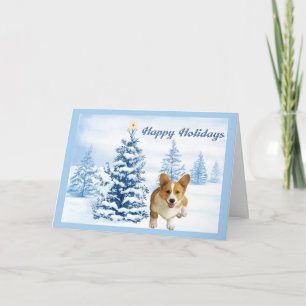 Pembroke Welsh Corgi Christmas Card Blue Tree